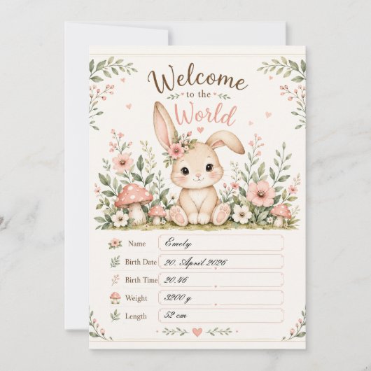 Süßes Baby Hasen Design mit Geburtsdaten Feldern 招待状 (正面)