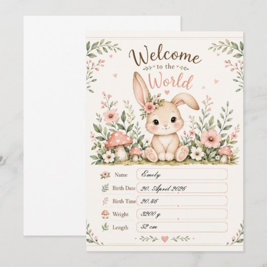 Süßes Baby Hasen Design mit Geburtsdaten Feldern 招待状 (正面/裏面)
