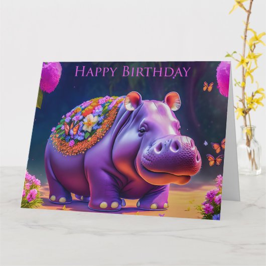 Süßes Nilpferd zum Geburtstag カード (黄色い花)