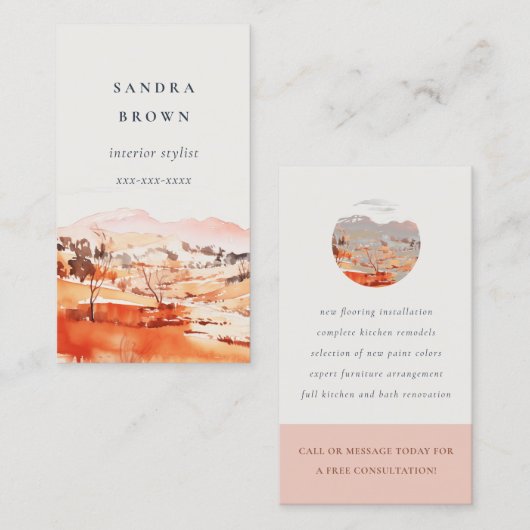 Sutle Blush Orange Watercolor Woods Mountain 名刺 (正面/裏面)
