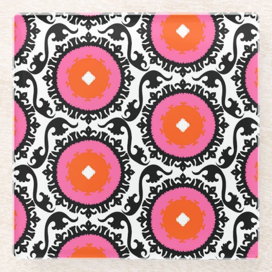 Suzaniピンクのパターン ガラスコースター (正面)