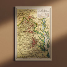 Vintage Map of Virginia Battles During Civil War