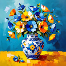 Beautiful Vase of Blue and Orange Flowers 