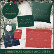 Green, Red & Gold Script Christmas Cards And Gifts