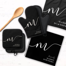 Modern Monogram Calligraphy Black White Kitchen