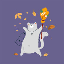 Funny cartoon cats with brooms, pumpkins and ghost