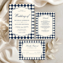 Old Money Ivory Navy Blue Checkered Wedding Suite