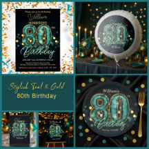 Stylish Teal & Gold 80th Birthday