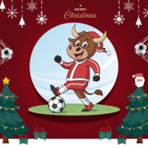Bull in Christmas costume and soccer ball