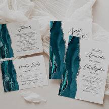Agate Teal Blue Silver Modern Script Wedding Suite