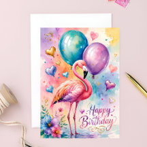 A Cute flamingo with ballons heart birthday Card