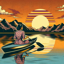 Vintage Colors Woman Kayaking by Mountains 