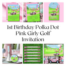  1st Birthday Polka Dot Pink Girly Golf Invitation