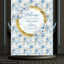 Boho Dusty Blue Flowers Gold Wedding Backdrop 192W