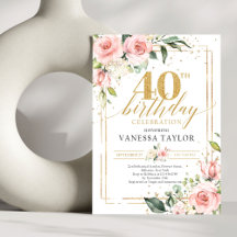 40th Birthday Boho blush roses gold glitter frame