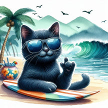 Black Cat On Beach Cards and T-Shirts 