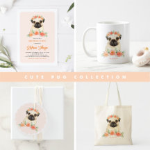 Watercolor Cute Pug and Peach Flowers Suite