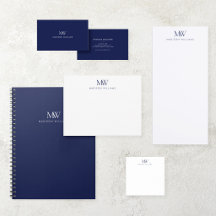 Navy Blue Elegant Modern Monogram Stationery