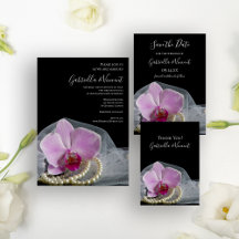 Pink Orchid and Pearls on Black Wedding Stationery