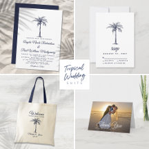 Modern Navy Blue Palm Tree Tropical Beach Wedding