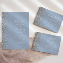 Silver Glitter Dusty Blue Script Wedding Suite