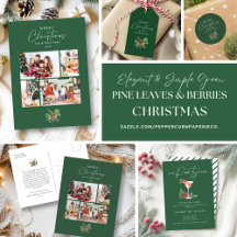 Elegant Green Pine Leaves & Berries Christmas