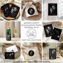 Modern Scripty Black and White Photo Wedding Suite