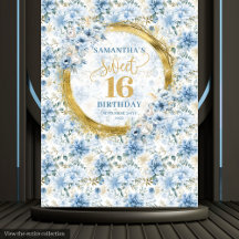 Dusty Blue Flowers Gold Sweet 16 Backdrops 10-16