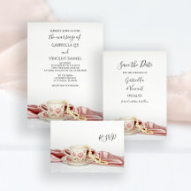 Pink Floral Tea Cup with Pearls Wedding Stationery