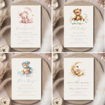 Cute Watercolor Teddy Bear Baby Shower Invitations