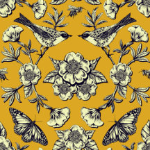 Mustard Yellow & Navy Birds, Butterflies & Flowers