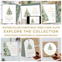 Gold Script Watercolor Christmas Tree Card Suite 