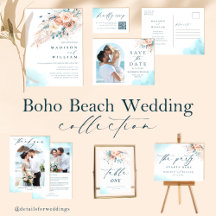 Boho Blue & Peach Floral Watercolor Beach Wedding