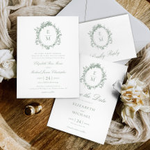 Green Vintage Crest Monogram Botanical Wedding