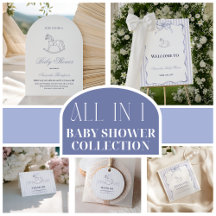 Vintage Wavy Border Blue Rocking Horse Baby Shower