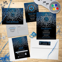 Blue Black Video Game Gamer Bar Mitzvah Invite Set