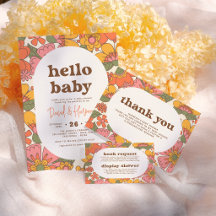 Hello Baby   Groovy Retro Floral Boho Baby Shower