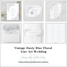 Vintage Dusty Blue Floral Line Art Wedding