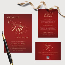 Gold Monogram Dark Red Moody Photo Wedding Suite