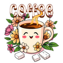 Cute Kawaii Coffee and Whimsical Flowers