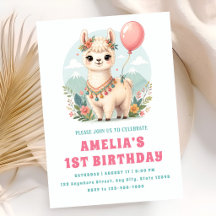 Floral Alpaca Baby Birthday Invitation