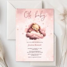 Cute sleeping bear on pink clouds baby shower