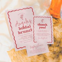 Wavy Retro Pink & Red Groovy Modern Bridal Brunch