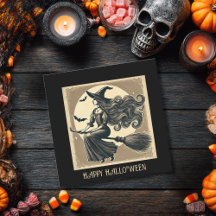 Vintage Witch on Broom Full Moon & Bats Halloween