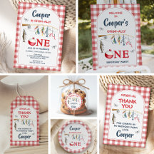 Modern Red Gingham Fishing Birthday Collection