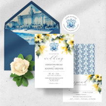 Elegant Blue and Yellow Monogram Crest and Flowers