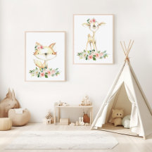 Baby Animals, Boho, Pink Flowers Nursery Prints