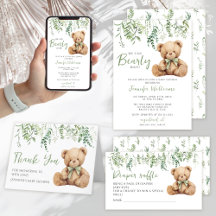 Teddy Bear Bow Sage Green Greenery Baby Boy Shower