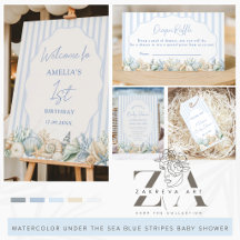 Watercolor Under The Sea Blue Stripes Baby Shower