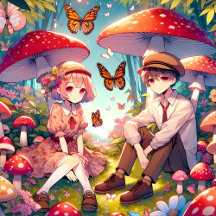 Anime Couple Boy and Girl Vintage Mushrooms